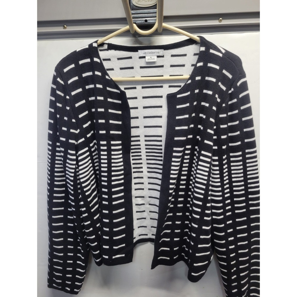 Liz Claiborne Womens XL Black White Geometric‎ Dash Cotton Open Front Cardigan